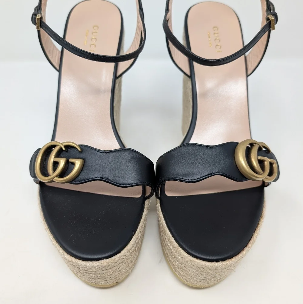 NIB Gucci Aitana GG Marmont Black Wedge Platform Espadrille Sandals Size 42